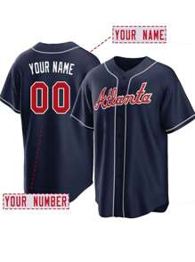 Customized Name & Number Embroidered Baseball Jacket, Atlanta Blue V-Neck Personalized Button-Down Short Sleeve Shirt, Suitable For Party, Game, Training, Sports, Size S-XXL, Fashionable Customized Boyfriend Style Christmas Clothing For Men, Men's Collectible Item, Men's Apparel, Capsule Wardrobe, Boyfriend Style Men's Basics/Streetwear, Suitable As Gift For Boyfriend, Friend, Family, Kids, For Birthday, Christmas, Autumn/Winter, Holiday/Vacation, School/Competition, Sports/Climbing, Etc. - Blue - View 1