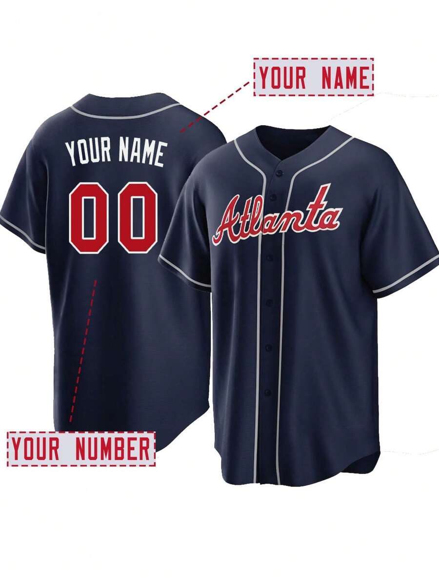 Customized Name & Number Embroidered Baseball Jacket, Atlanta Blue V-Neck Personalized Button-Down Short Sleeve Shirt, Suitable For Party, Game, Training, Sports, Size S-XXL, Fashionable Customized Boyfriend Style Christmas Clothing For Men, Men's Collectible Item, Men's Apparel, Capsule Wardrobe, Boyfriend Style Men's Basics/Streetwear, Suitable As Gift For Boyfriend, Friend, Family, Kids, For Birthday, Christmas, Autumn/Winter, Holiday/Vacation, School/Competition, Sports/Climbing, Etc. - Blue - View 1