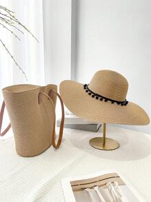 1 Set Women Summer Bohemian Black Wide Brim Straw Hat And Straw Shoulder Tote Bag, Foldable Sun Protection Beach Hat And Roomy Tote Bag, Suitable For Beach, Travel, Shopping And Work - View 3