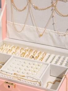 83-24pcs Fashionable Exquisite Retro Heart Shaped Faux Pearl & Cubic Zirconia Blingbling Wave Chain Rhinestone Hollowed-Out Ring Necklace Earrings Bracelet Stud Set With Multiple Elements Jewelry Collection For Holiday, Party, Date, Daily, Gift (No Box) Valentines,Mom,Mother,Mother's Day,Gift
