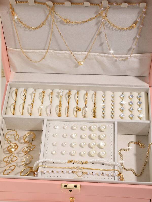 83-24pcs Fashionable Exquisite Retro Heart Shaped Faux Pearl & Cubic Zirconia Blingbling Wave Chain Rhinestone Hollowed-Out Ring Necklace Earrings Bracelet Stud Set With Multiple Elements Jewelry Collection For Holiday, Party, Date, Daily, Gift (No Box) Valentines,Mom,Mother,Mother's Day,Gift