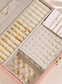 83-24pcs Fashionable Exquisite Retro Heart Shaped Faux Pearl & Cubic Zirconia Blingbling Wave Chain Rhinestone Hollowed-Out Ring Necklace Earrings Bracelet Stud Set With Multiple Elements Jewelry Collection For Holiday, Party, Date, Daily, Gift (No Box) Valentines,Mom,Mother,Mother's Day,Gift