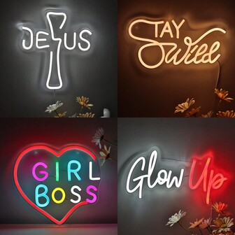 1pc 5V USB Cool Jesus Cross Stay Wild Girl Boss Glow Up Shape LED Neon Sign For Party Wedding Coffee Shop Gifts Store Beauty Hair Salon Home Decoration Gifts
