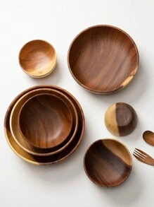 1pc Solid Wood Multi-Use Acacia Wood Salad Bowl, Whole Wood Craft, Creative Wooden Rice Bowl, Circular Wooden Bowl, Japanese-Style Minimalist Wood Grain Large Capacity Soup/Noodle Bowl For Home, Salad, Table, Noodles, Desserts ,Kitchen,Christmas Gift