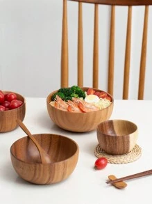 1pc Solid Wood Multi-Use Acacia Wood Salad Bowl, Whole Wood Craft, Creative Wooden Rice Bowl, Circular Wooden Bowl, Japanese-Style Minimalist Wood Grain Large Capacity Soup/Noodle Bowl For Home, Salad, Table, Noodles, Desserts ,Kitchen,Christmas Gift