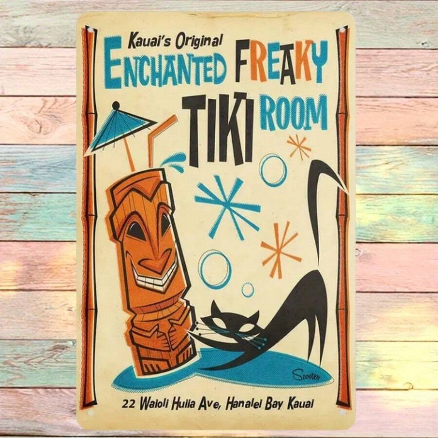 1pc Vintage Hawaiian Tiki Room Tin Sign, Retro Polynesian Art Decor For Bar, Living Room, Cafe, Restaurant, Laundry Room, Garage, Office, Bedroom, Gym, Library - Freaky Theme, 8x12 Inch - Multicolor - View 1