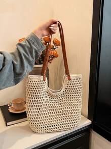 Yogodlns New Arrival Hollow Out Tote Bags For Women Large Capacity Straw Woven Handbag Shoulder Bag Vintage Travel Beach Bag Shopping Pack Beach Bag School Bag, Back To School Backpack, Large Capacity, Laptop Compartment, Luggage Strap Design, Portable, Classic Casual, Suitable For Teen Girls Women College Students, Perfect For Back To School, First Day Of School, Middle School, High School, Outdoors, Travel, Outings, Vacation Bag For Summer, Beach Purse, Perfect For Summer, Vacation & Daily Use, Travel Must Haves, Hottest Beach Bags For Women, Beach Necessities, Beach Essentials,Beach Stuff & Summer Essentials, Newest Holiday Bag