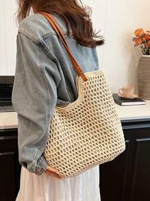 Yogodlns New Arrival Hollow Out Tote Bags For Women Large Capacity Straw Woven Handbag Shoulder Bag Vintage Travel Beach Bag Shopping Pack Beach Bag School Bag, Back To School Backpack, Large Capacity, Laptop Compartment, Luggage Strap Design, Portable, Classic Casual, Suitable For Teen Girls Women College Students, Perfect For Back To School, First Day Of School, Middle School, High School, Outdoors, Travel, Outings, Vacation Bag For Summer, Beach Purse, Perfect For Summer, Vacation & Daily Use, Travel Must Haves, Hottest Beach Bags For Women, Beach Necessities, Beach Essentials,Beach Stuff & Summer Essentials, Newest Holiday Bag