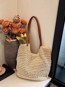 Yogodlns New Arrival Hollow Out Tote Bags For Women Large Capacity Straw Woven Handbag Shoulder Bag Vintage Travel Beach Bag Shopping Pack Beach Bag School Bag, Back To School Backpack, Large Capacity, Laptop Compartment, Luggage Strap Design, Portable, Classic Casual, Suitable For Teen Girls Women College Students, Perfect For Back To School, First Day Of School, Middle School, High School, Outdoors, Travel, Outings, Vacation Bag For Summer, Beach Purse, Perfect For Summer, Vacation & Daily Use, Travel Must Haves, Hottest Beach Bags For Women, Beach Necessities, Beach Essentials,Beach Stuff & Summer Essentials, Newest Holiday Bag