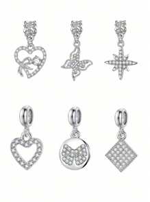 Colección aleatoria de accesorios para colgantes de plata con diseños sencillos y elegantes, incluyendo mariposa, corazón, trébol, libélula, cola de pez, moño, estrella, corona, etc. para pulseras y collares, ideal para el Día de San Valentín - Plateado - Ver 2