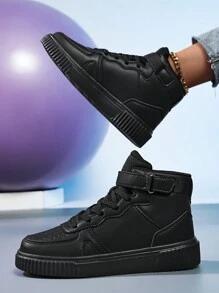 女士户外春秋新款时尚百搭凉爽舒适轻便透气薄款防滑耐穿纯色平底高帮运动鞋休闲运动鞋黑色 - 黑色 - 查看 4