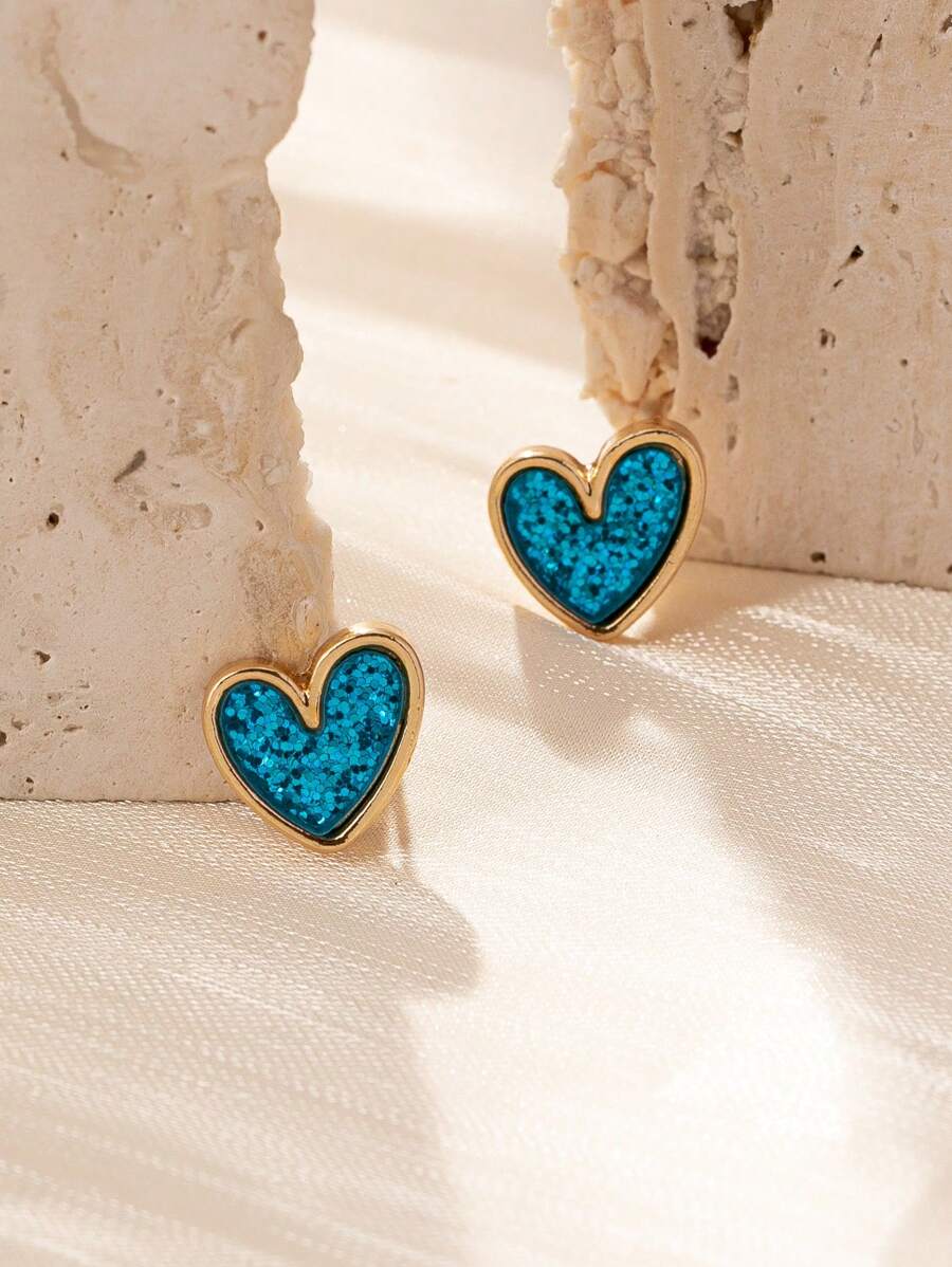 1pair Women's Stylish Blue Heart-Shaped Earrings - Blue - View 1