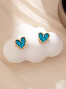 1pair Women's Stylish Blue Heart-Shaped Earrings - Blue - View 4