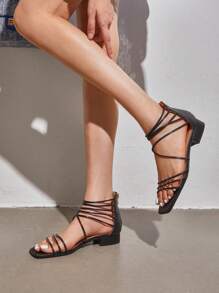 Women's Summer Casual Strappy Sandals Dressy Cute Square-Toe Comfortable Flat Shoes - 黑色 - 查看 2