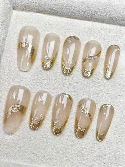 10Pcs Handmade Press On Nail False Nail Fake Nail Tip Nail Stickers Gold Almond [ 100% Handmade, Patterns And Decorations Have Some Randomness ] Blush Nail Charms Short Nails Fake Nails Nail Drill Toe Nails Duck Nails Nail Stuff Long Nails Nail Polish Nail Supplies Nails
