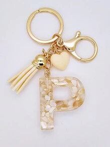 1pc Women's Beige Resin Keychain With Droplet Letter, Heart & Tassel Design, Creative Keyring Bag Charm, Gift For Friends Valentine's Day Valentines Car Accessories Backpack For School Cute Goth Y2k