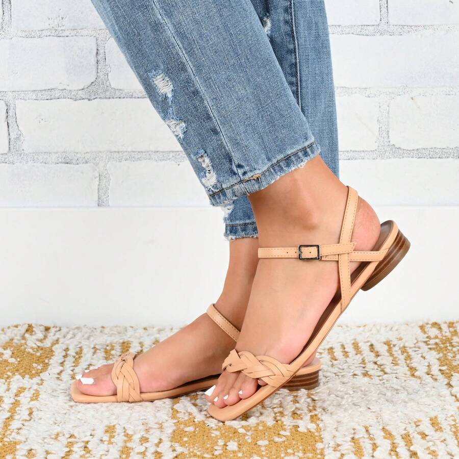 Womens Ankle Strap Low Block Heel Sandals - 譚 - 查看 1