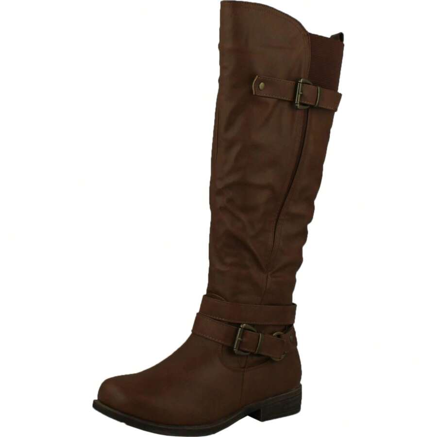 Womens Elastic Insert At The Top Buckled Riding Boots - 科涅克白蘭地 - 查看 1