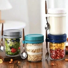 Copo de Iogurte com Tampa Hermética, Copo para Iogurte e Aveia Durante a Noite, Frasco de Salada de Vidro Portátil de 350ml com Colher, Copo de Café da Manhã - Tamanho único serve para todos - Visão 1