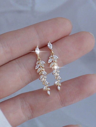 1pair Cute Gold Colour Leaf Dangle Earrings For Women Cubic Zirconia Bridal Wedding Earrings Jewelry Chiristmas Gift For Lover Wife Engagement Anniversary Gifts