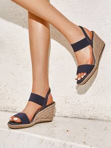 Women's Open Toe Espadrilles Dressy Platform Sandals Slip On Elastic Ankle Strap Wedges Sandals - Màu xanh hải quân - Xem 3