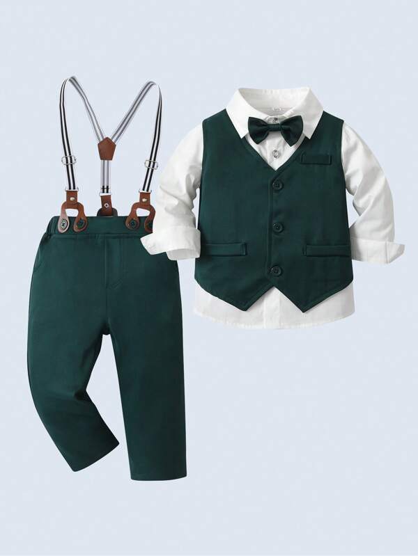 BOARNSEORL Young Boys' Three-Piece Gentleman Suit, Long Sleeve White Shirt With Bow Tie, Vest And Pants. Suitable For Birthday Parties, Evening Events, Weddings And Other Occasions.