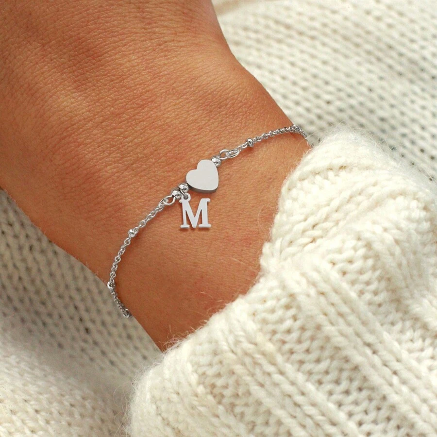 1pc Fashionable Silver Stainless Steel Heart & Letter Beaded Bracelet, Gift For Women On Valentine's Day - Style 2 - View 1