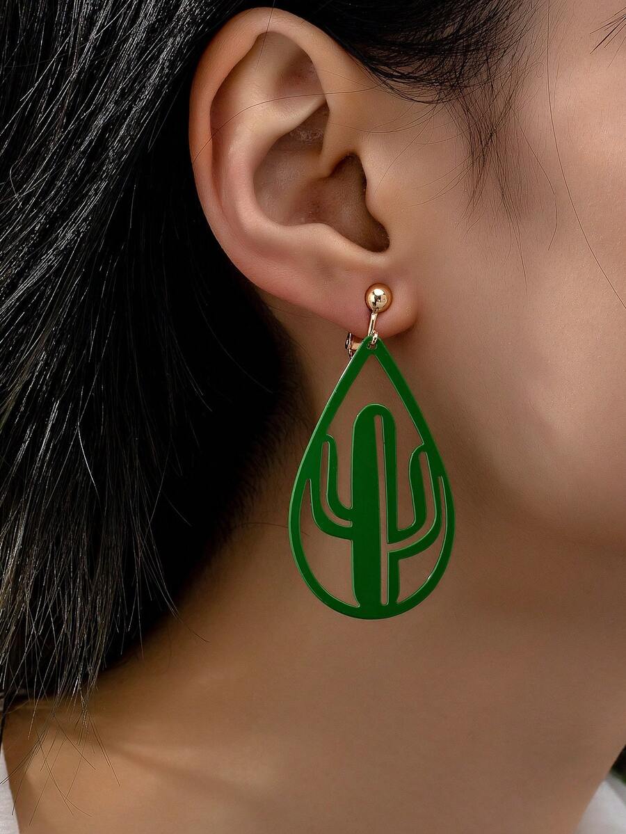 Aros de moda con forma de cactus de estilo europeo y americano para mujer, versátil para el uso diario casual y para la oficina - Verde - Ver 1