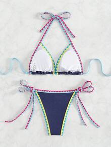 Women's Summer Beach Denim Effect Bikini Set With Floral Decoration, Halter Neck Tie - Blue - View 5