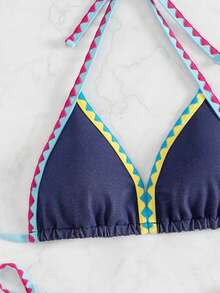 Women's Summer Beach Denim Effect Bikini Set With Floral Decoration, Halter Neck Tie - Blue - View 7