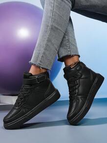 女士户外春秋新款时尚百搭凉爽舒适轻便透气薄款防滑耐穿纯色平底高帮运动鞋休闲运动鞋黑色 - 黑色 - 查看 5