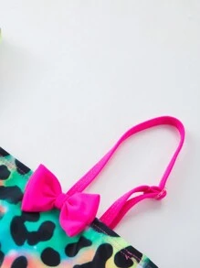 年轻女孩彩虹豹纹不对称领口可爱蝴蝶结比基尼套装夏季海滩 - 紅色 - 查看 3