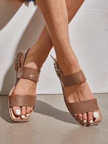 Women's Summer Casual Dressy Cute Flat Sandals Comfortable Sexy Square-Toe Fashion One Band Strappy Shoes - 咖啡棕 - 查看 3