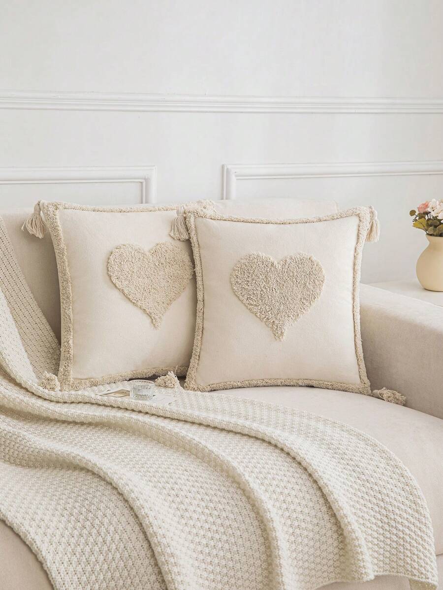 1pc Plush Heart-Shaped Pillowcase Without Filling - Beige - View 1