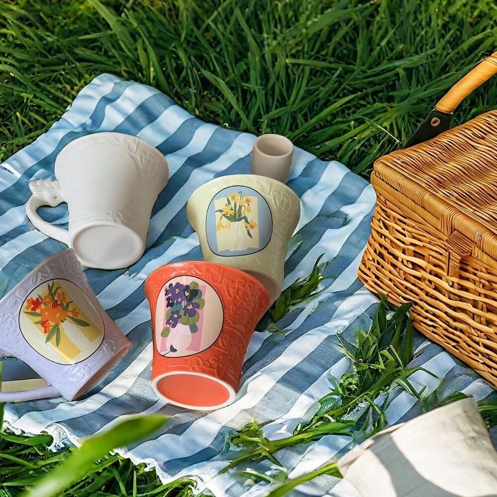 1pc Flower Pattern 3D Embossed Ceramic Mug, Romantic Floral Relief Tea