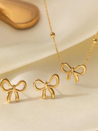 1 套 3 件优雅蝴蝶结不锈钢项链和耳环首饰套装，适合女性在派对、约会或情人节佩戴