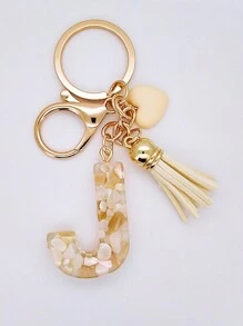 1pc Women's Beige Resin Keychain With Droplet Letter, Heart & Tassel Design, Creative Keyring Bag Charm, Gift For Friends Valentine's Day Valentines Car Accessories Backpack For School Cute Goth Y2k