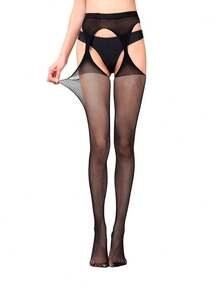 1 pieza Lindas medias de red tipo liguero con apertura en los muslos elasticas negras altas a la cintura medias de tubo altas - Negro - Ver 2