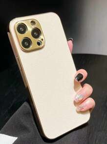 全新實色純皮紋理手機殼，適用於 iPhone12/13/14/15 Pro Max，簡約時尚，奢華設計，電鍍13Pro/12Promax超薄防震PU皮革手機保護套，男女適用 - 米色 - 查看 2