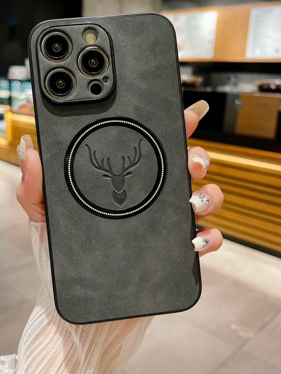 New Fashion Skin-Friendly Deer Head Anti-Slip 3D Embossed Texture Phone Case Compatible With Apple/ S21/22/23/24/25, 11/12/13/14/15/16 Pro/Pro Max, Stylish Minimalist Creative Shockproof Protective Cover - Grey - View 1