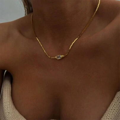 VKHK 1 件复古 18K 镀金扁平蛇链方晶锆石吊坠项链，适合女性日常佩戴和婚礼，礼物