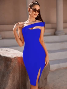 Vestido ajustado para fiestas asimetrico de moda - Azul - Ver 1
