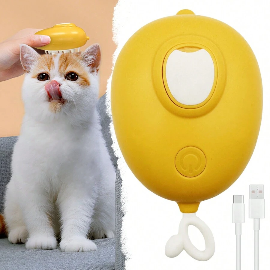 蒸氣刷 - 3合1貓咪蒸汽刷，矽膠按摩梳理刷可充電除毛和梳理工具 - USB充電寵物配件 - 黃色 - 查看 1