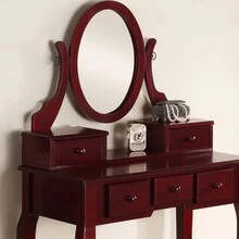 Vanity Table Set, Makeup Table With Oval Mirror & Stool, Ashley Wood Make-Up Vanity Table And Stool Set - Redwood - View 3