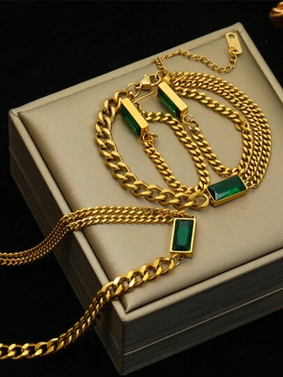 4入組/套不鏽鋼通用綠鋯石鑲嵌手鍊套裝（包含手鍊和耳環），嘻哈風格雙層鍊鏈珠寶套裝，適用於日常佩戴