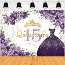 Telón de fondo de fotografía para quinceañera de 15 años para decoraciones de fiesta de cumpleaños dulce de 15 telón de fondo fotográfico en color morado, accesorio de fotografía en vinilo - Sección B - Ver 1