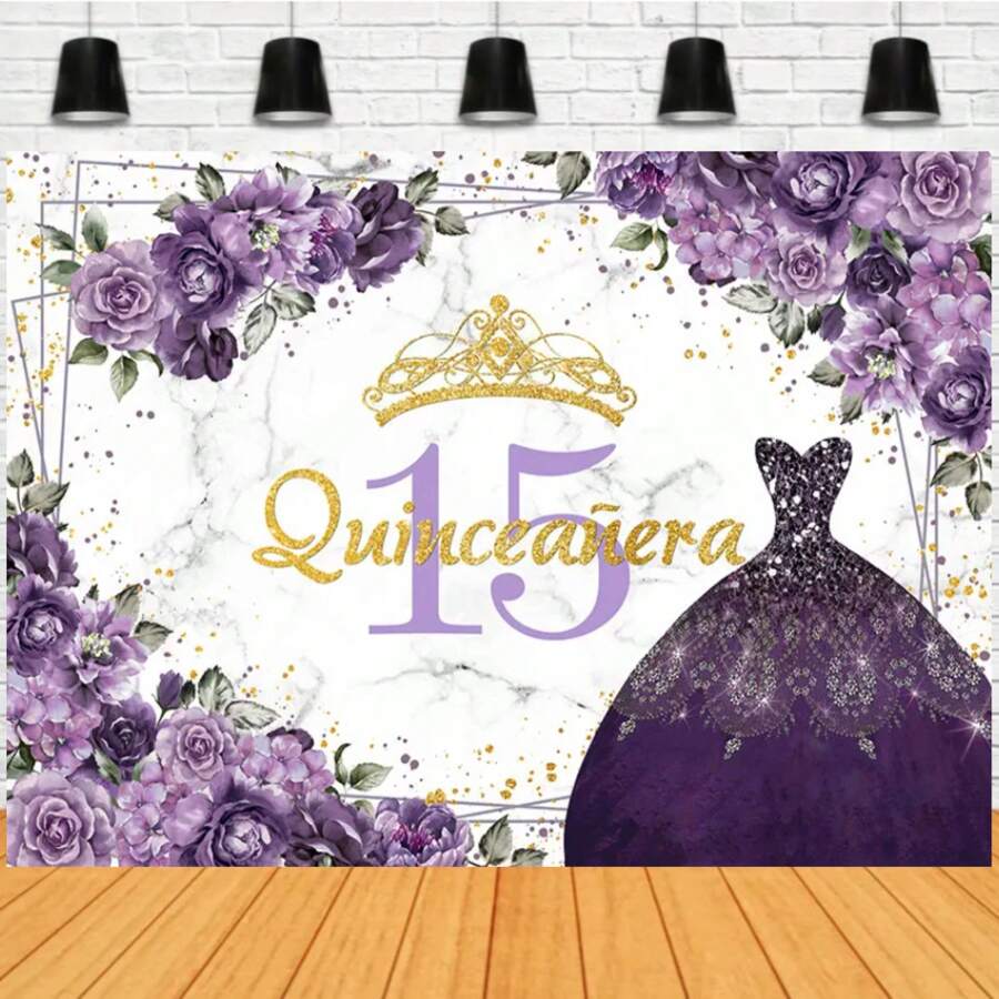Telón de fondo de fotografía para quinceañera de 15 años para decoraciones de fiesta de cumpleaños dulce de 15 telón de fondo fotográfico en color morado, accesorio de fotografía en vinilo - Sección B - Ver 1