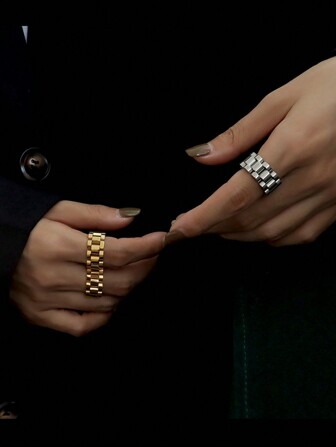 1pc豪華不褪色18K金鍍粗寬厚環狀戒指，女士厚鏈不鏽鋼錶帶手指環珠寶