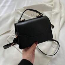 Fashionable & Simple Solid Color Shoulder & Crossbody Bag With Metal Handle, Women's Small Square Bag - Black - View 3