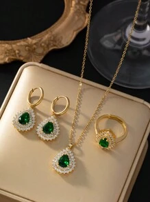 3pcs Fashionable Stainless Steel Copper Plated Water Drop Green Cubic Zirconia Jewelry Set, Including Necklace, Earrings And Ring, Suitable For Daily Wear, Dating And Gifting To Women